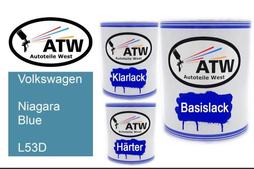 Volkswagen, Niagara Blue, L53D: 1L Lackdose + 1L Klarlack + 500ml Härter - Set, von ATW Autoteile West.